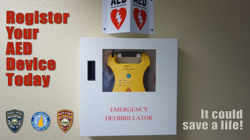 Photo of AED with text Register Your AED Device Today