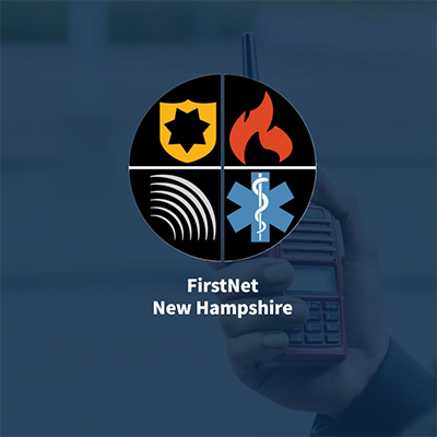 FirstNet logo with hand holding radio in background